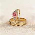 Unique Round Lab Padparadscha Promise Ring Engagement Ring Set for Couples - Oore Jewelry