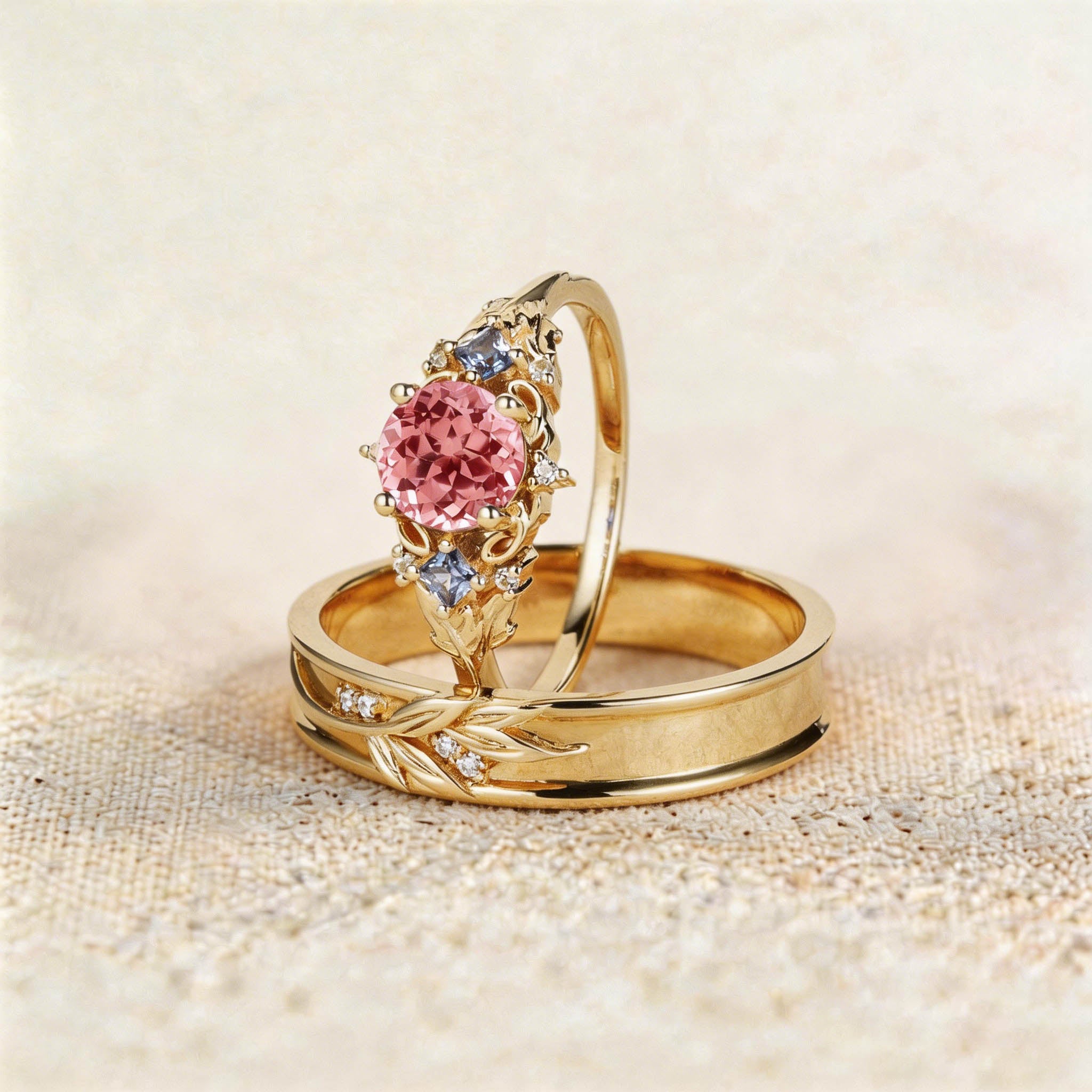 Unique Round Lab Padparadscha Promise Ring Engagement Ring Set for Couples - Oore Jewelry