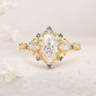 Unique floral engagement rings Marquise Moissanite Ring Art Deco Round Alexandrite 18K Yellow Gold Wedding Ring