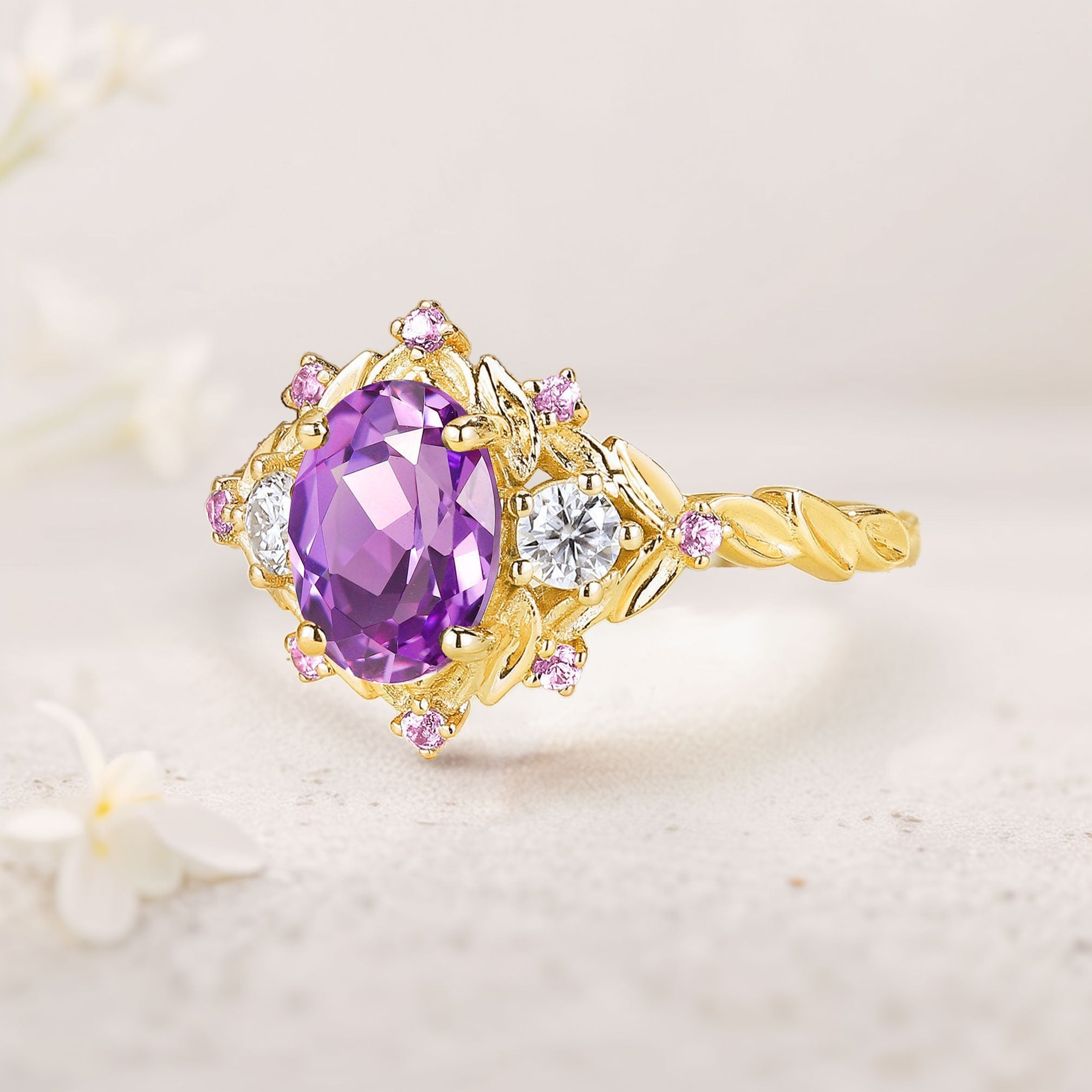 Unique Floral Three Stone Oval Amethyst Flower Engagement Ring Amethyst 18K Yellow Gold Cluster Bridal Ring
