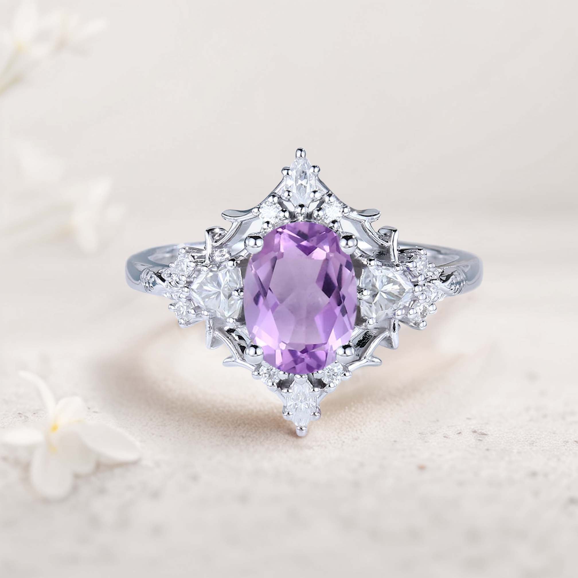 Vintage Floral Briar Rose Oval Amethyst and Moissanite 18K White Gold Engagement Ring Filigree Ring