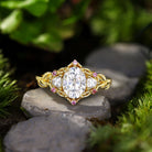Unique Three Stone Oval Moissanite with Amethyst 18K Yellow Gold Engagement Ring For Women