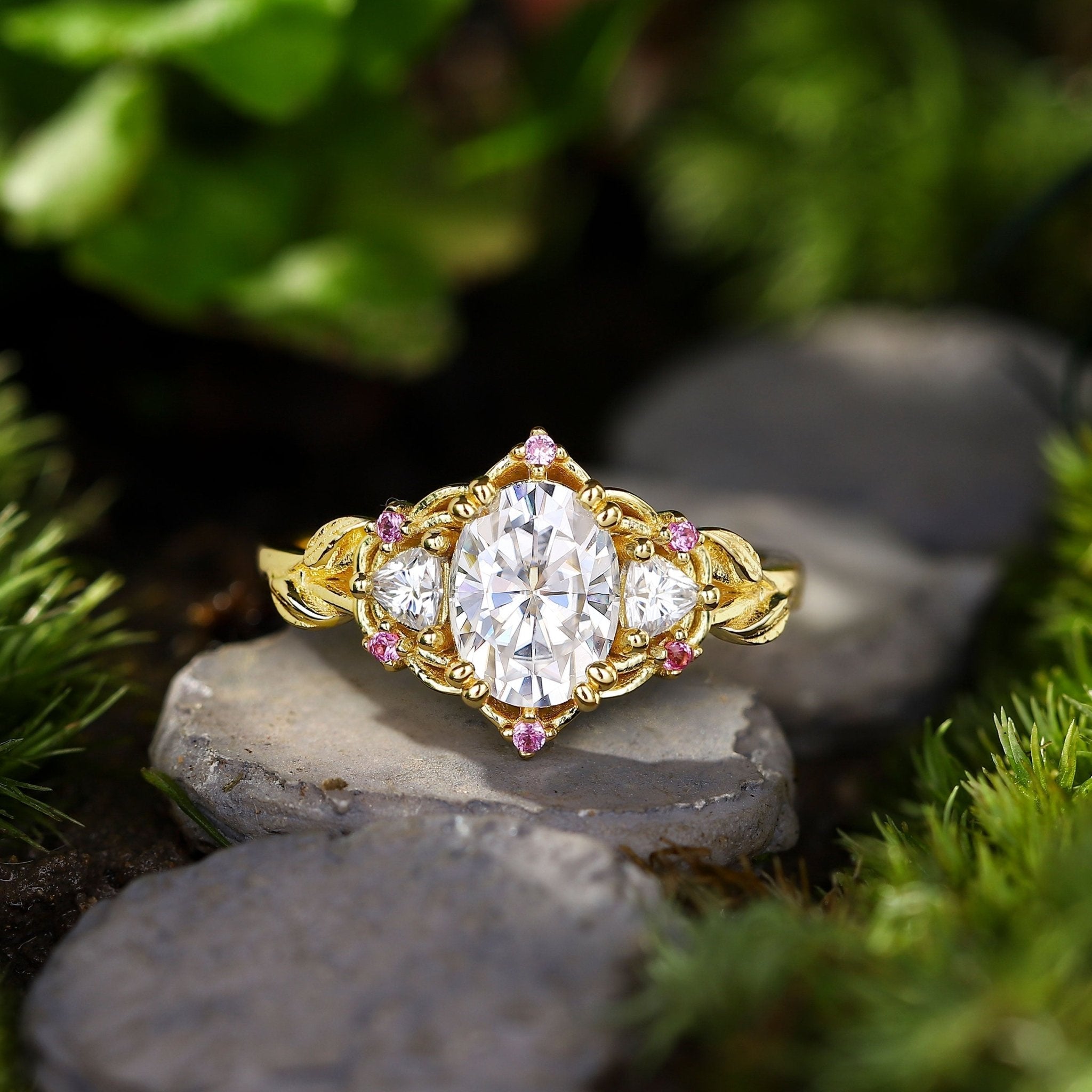 Unique Three Stone Oval Moissanite with Amethyst 18K Yellow Gold Engagement Ring For Women