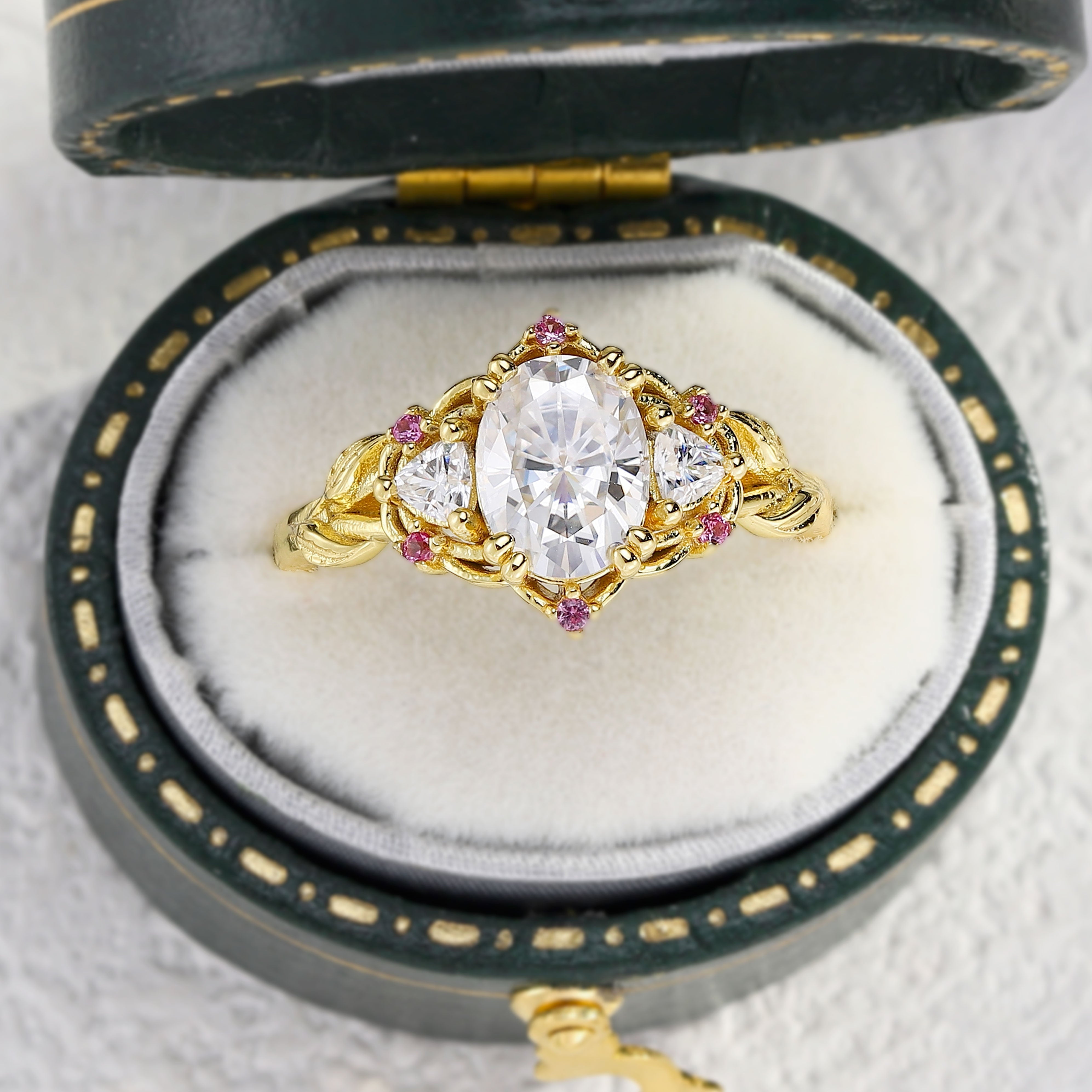 Unique Three Stone Oval Moissanite with Amethyst 18K Yellow Gold Engagement Ring For Women