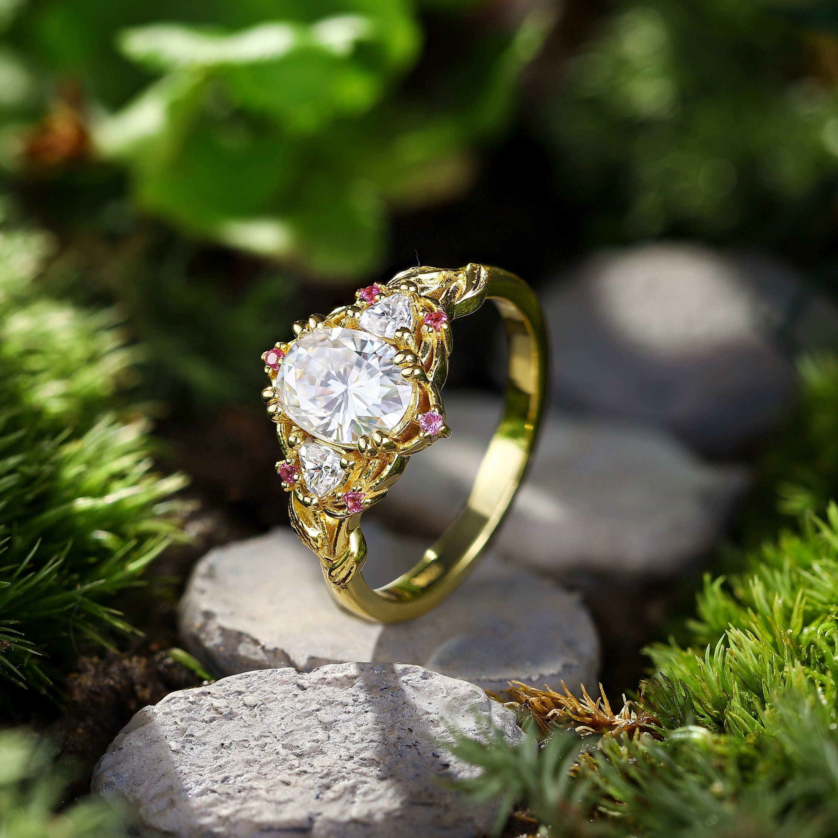 Unique Three Stone Oval Moissanite with Amethyst 18K Yellow Gold Engagement Ring For Women