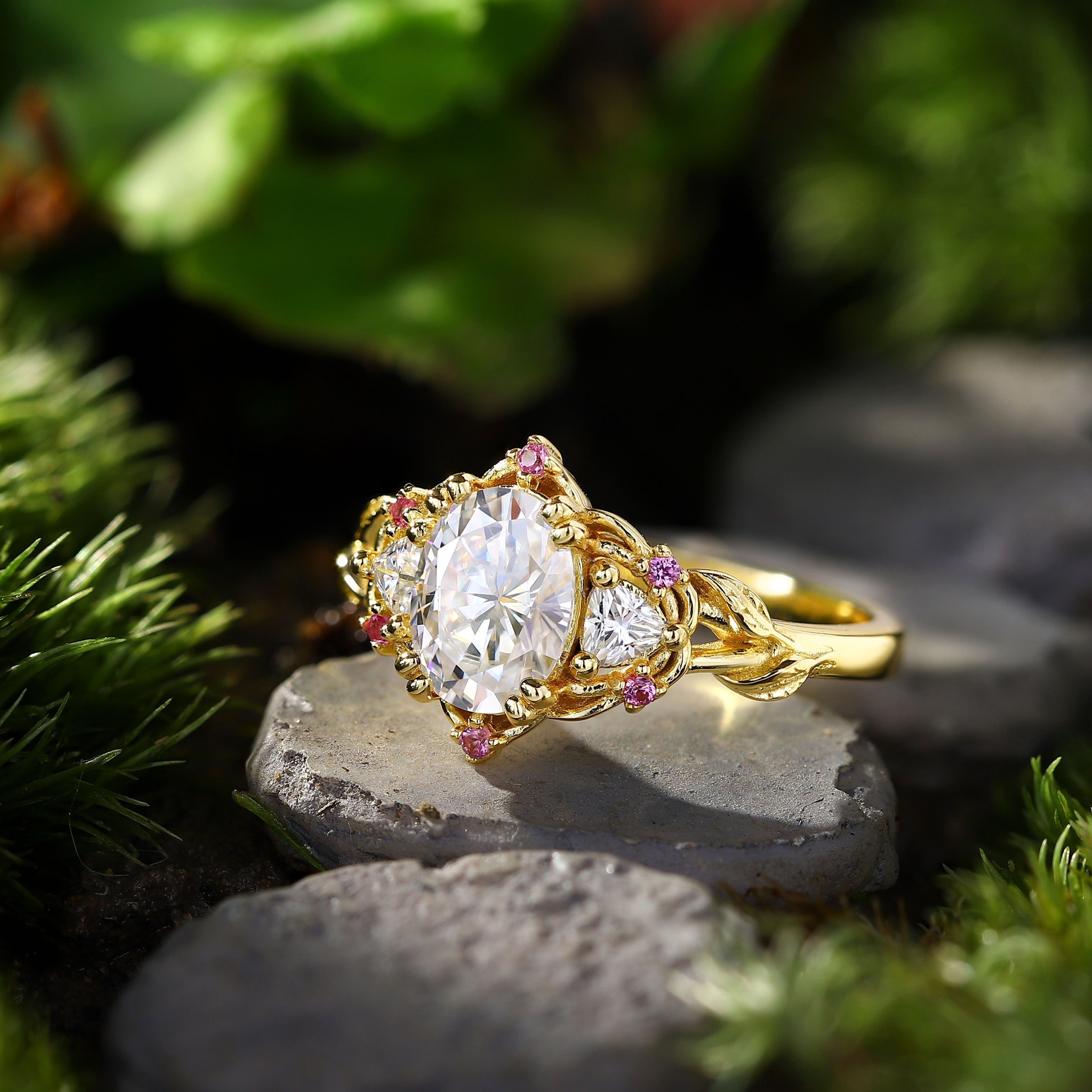 Unique Three Stone Oval Moissanite with Amethyst 18K Yellow Gold Engagement Ring For Women