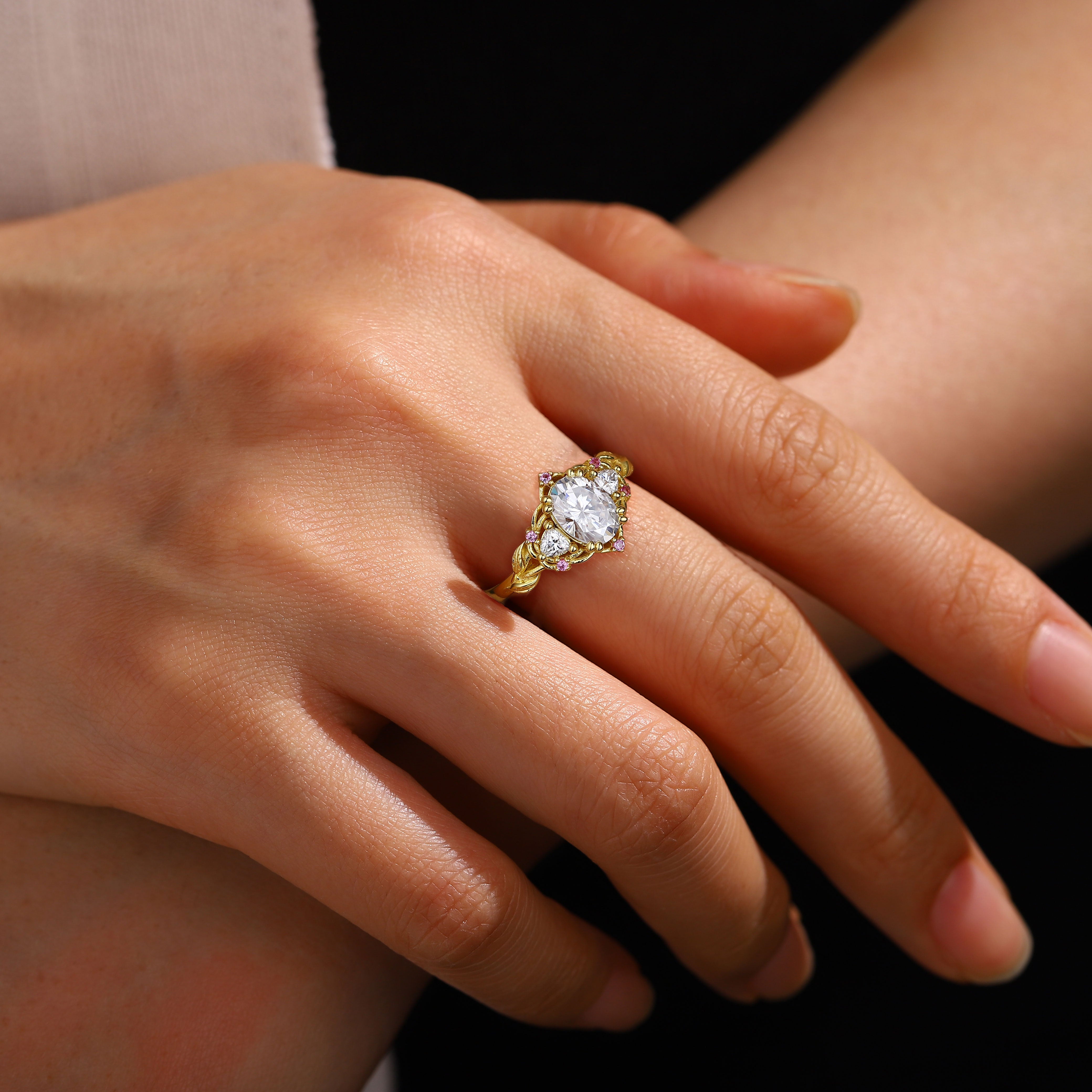 Unique Three Stone Oval Moissanite with Amethyst 18K Yellow Gold Engagement Ring For Women