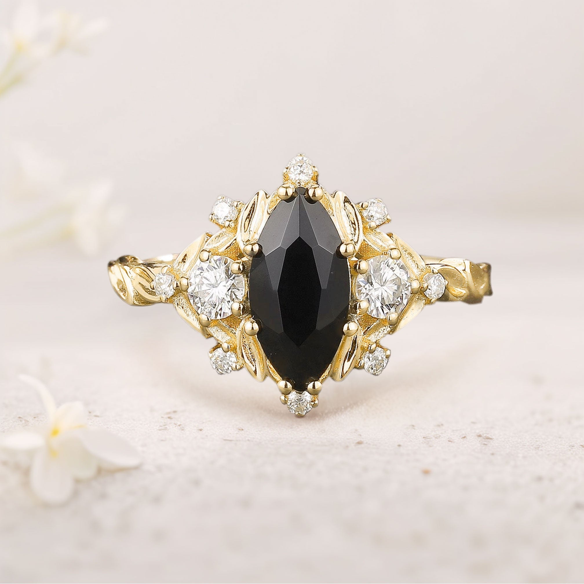 Unique floral engagement rings Marquise Black Onyx Ring Brilliant Moissanite Cluster Leaf 18K Yellow Gold Wedding Ring
