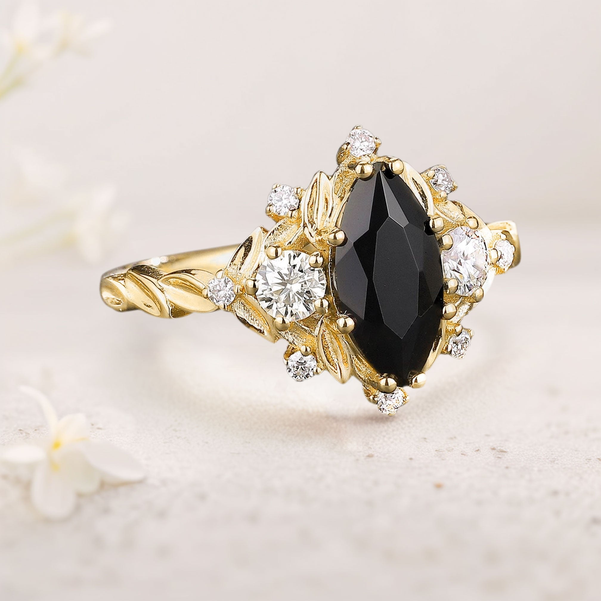 Unique floral engagement rings Marquise Black Onyx Ring Brilliant Moissanite Cluster Leaf 18K Yellow Gold Wedding Ring