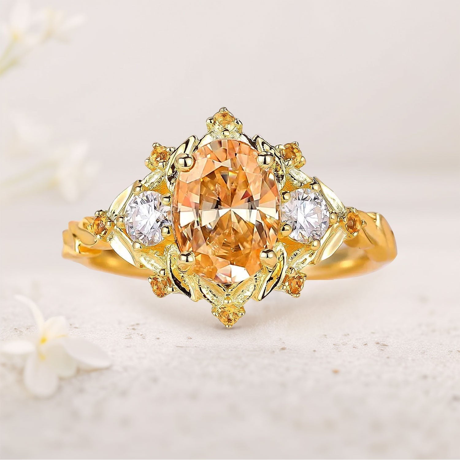 Unique Three Stone Citrine Leaf Bridal Ring 18K Yellow Gold Wedding Ring