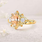 Unique Three Stone Citrine Leaf Bridal Ring 18K Yellow Gold Wedding Ring