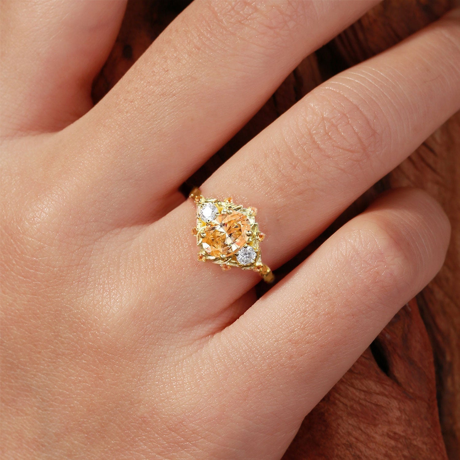 Unique Three Stone Citrine Leaf Bridal Ring 18K Yellow Gold Wedding Ring