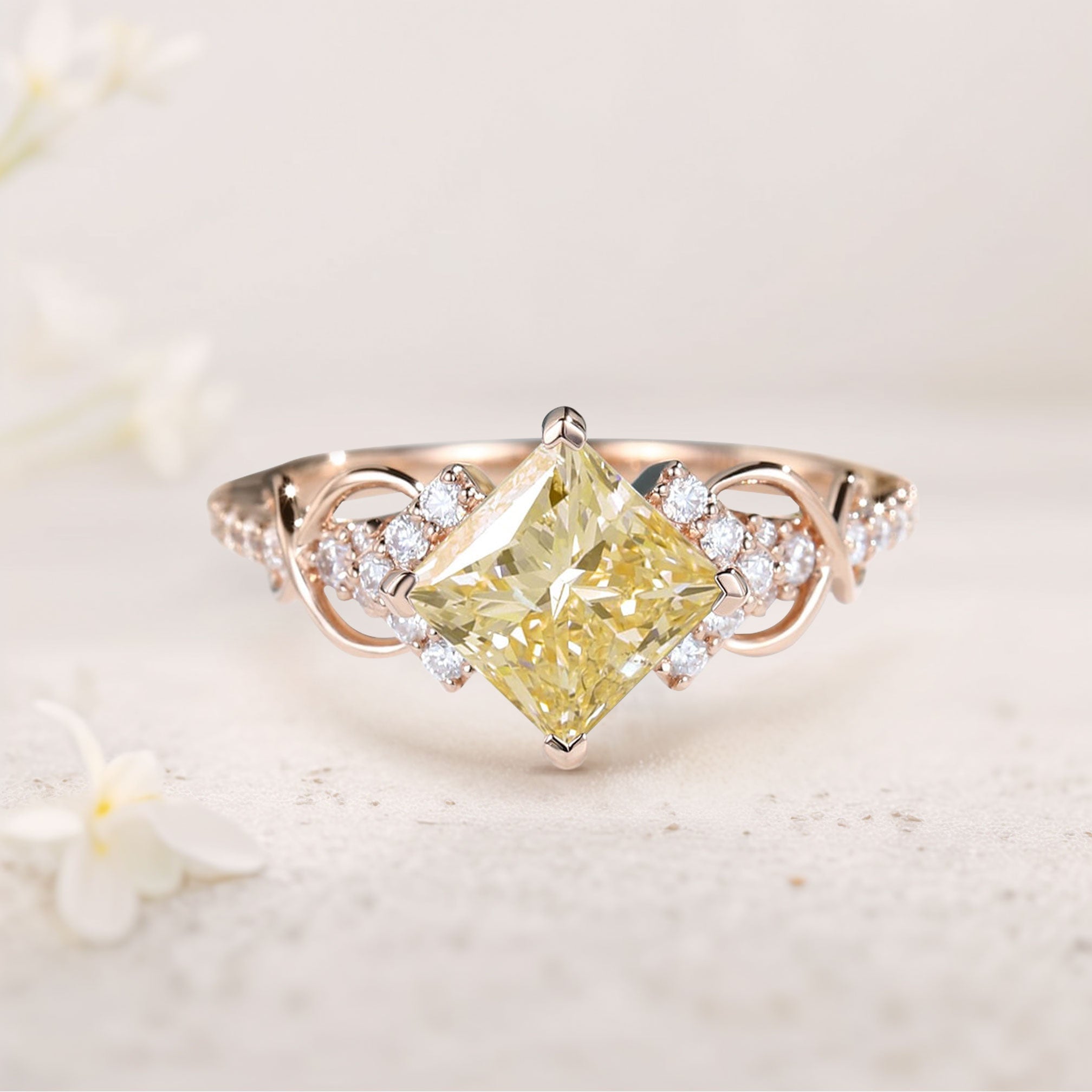 Vintage Princess Citrine Pave 18K Rose Gold Engagement Rings Infinity Wedding Band