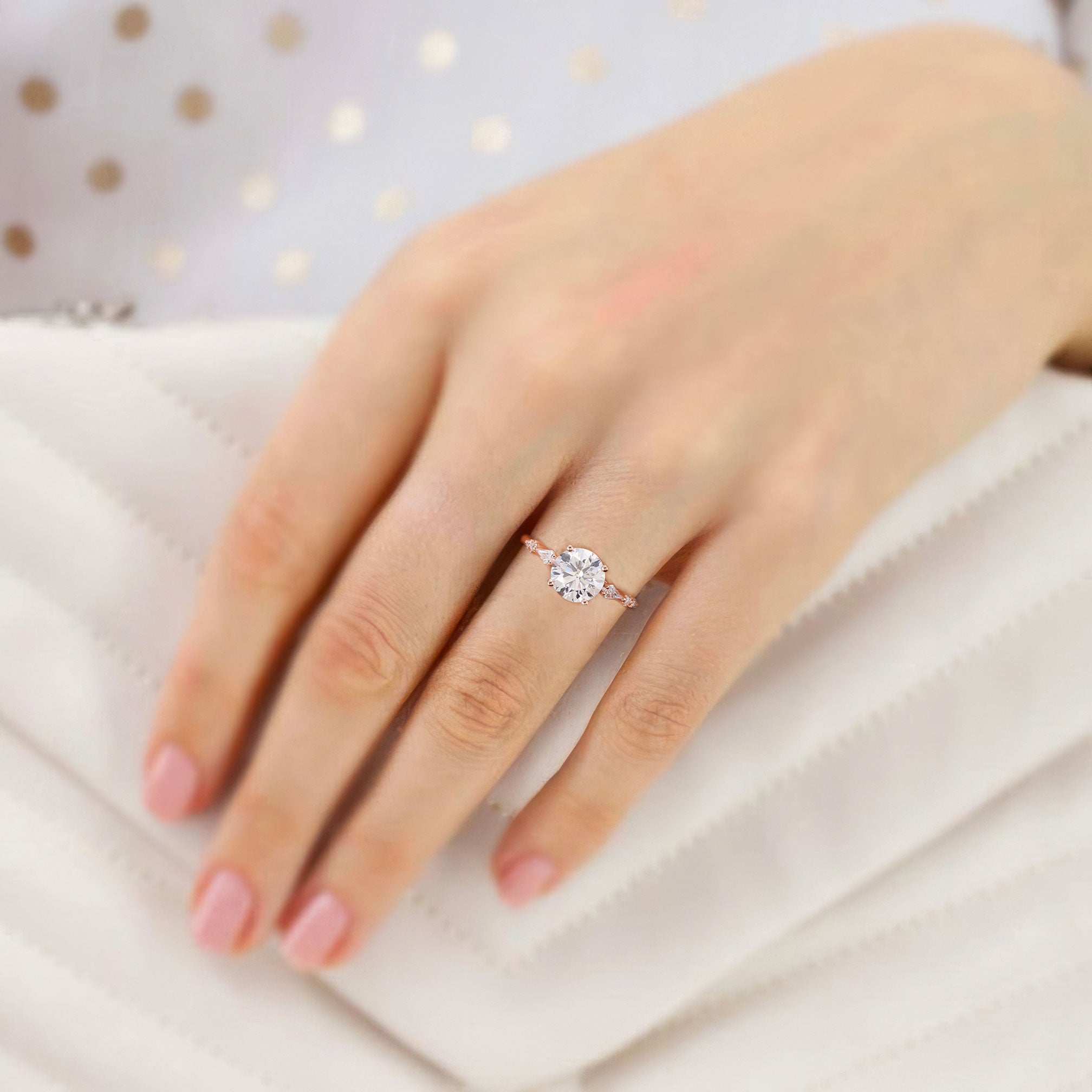 Unique Round Moissanite 18K Rose Gold Engagement Rings Minimalist Bridal Ring