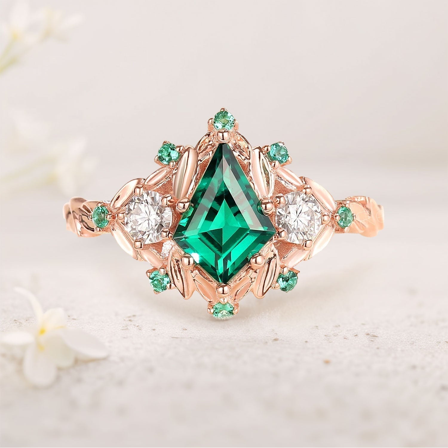 Vintage Kite Lab Emerald Ring Three Stone Ring Floral Branch Engagement Ring Dainty Emerald Cluster  18K Yellow Gold Wedding Ring Bridal Ring