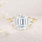 Unique Floral Three stone Emerald Cut Moissanite 18K Yellow Gold Engagement Ring