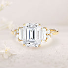 Unique Floral Three stone Emerald Cut Moissanite 18K Yellow Gold Engagement Ring
