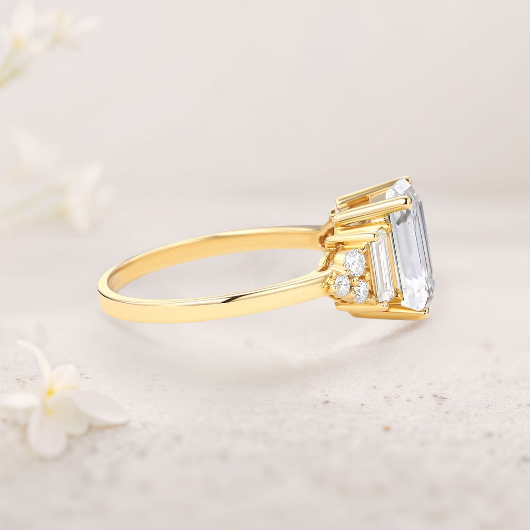 Unique Floral Three stone Emerald Cut Moissanite 18K Yellow Gold Engagement Ring
