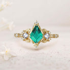 Unique Kite Three Stone Lab Emerald18K Yellow Gold Leaf Ring
