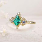 Unique Kite Three Stone Lab Emerald18K Yellow Gold Leaf Ring