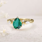 Unique Pear Lab Emerald Split Shank 18K Yellow Gold Engagement Ring 