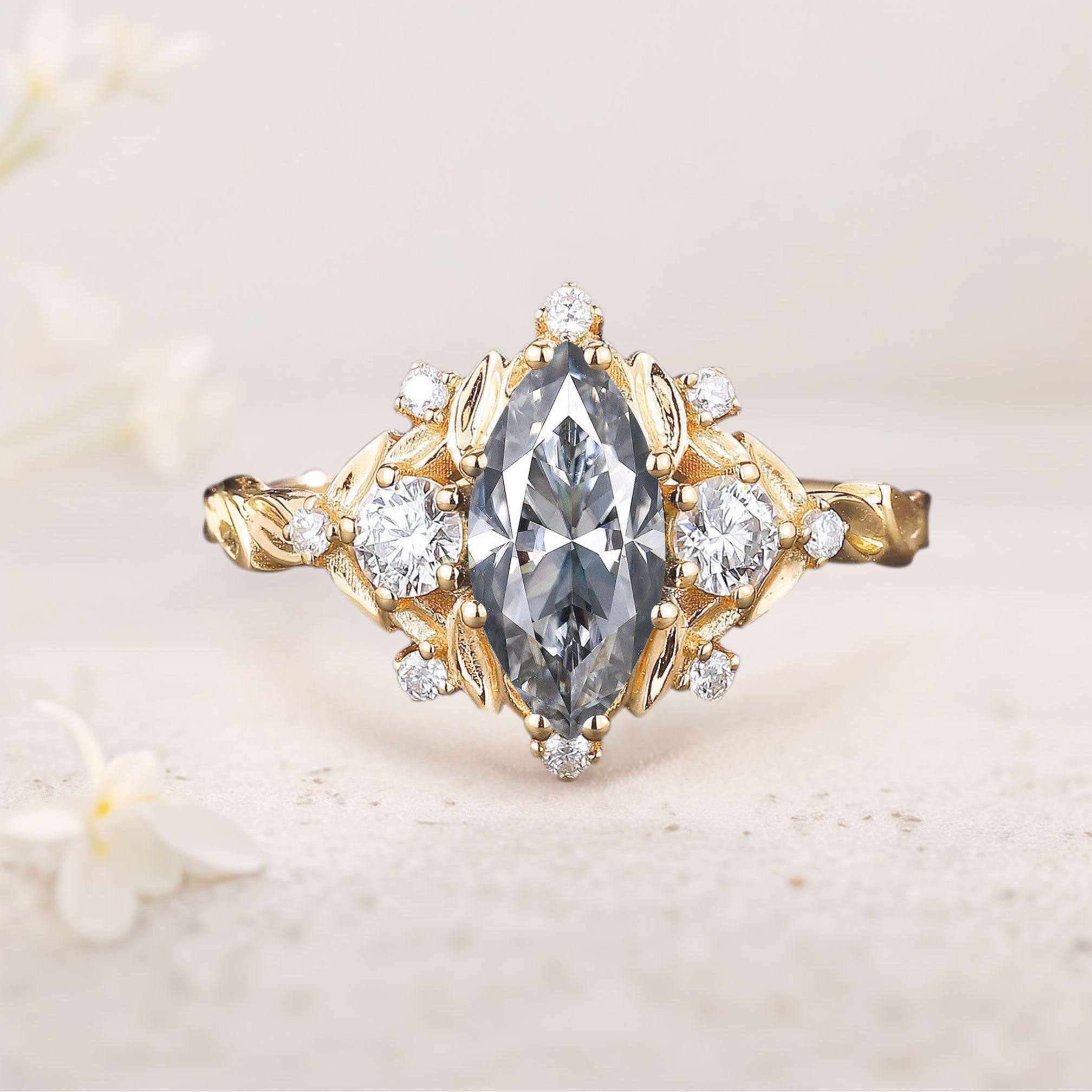 Unique floral engagement rings Marquise Gray Moissanite Ring Brilliant Moissanite Cluster Leaf 18K Yellow Gold Wedding Ring