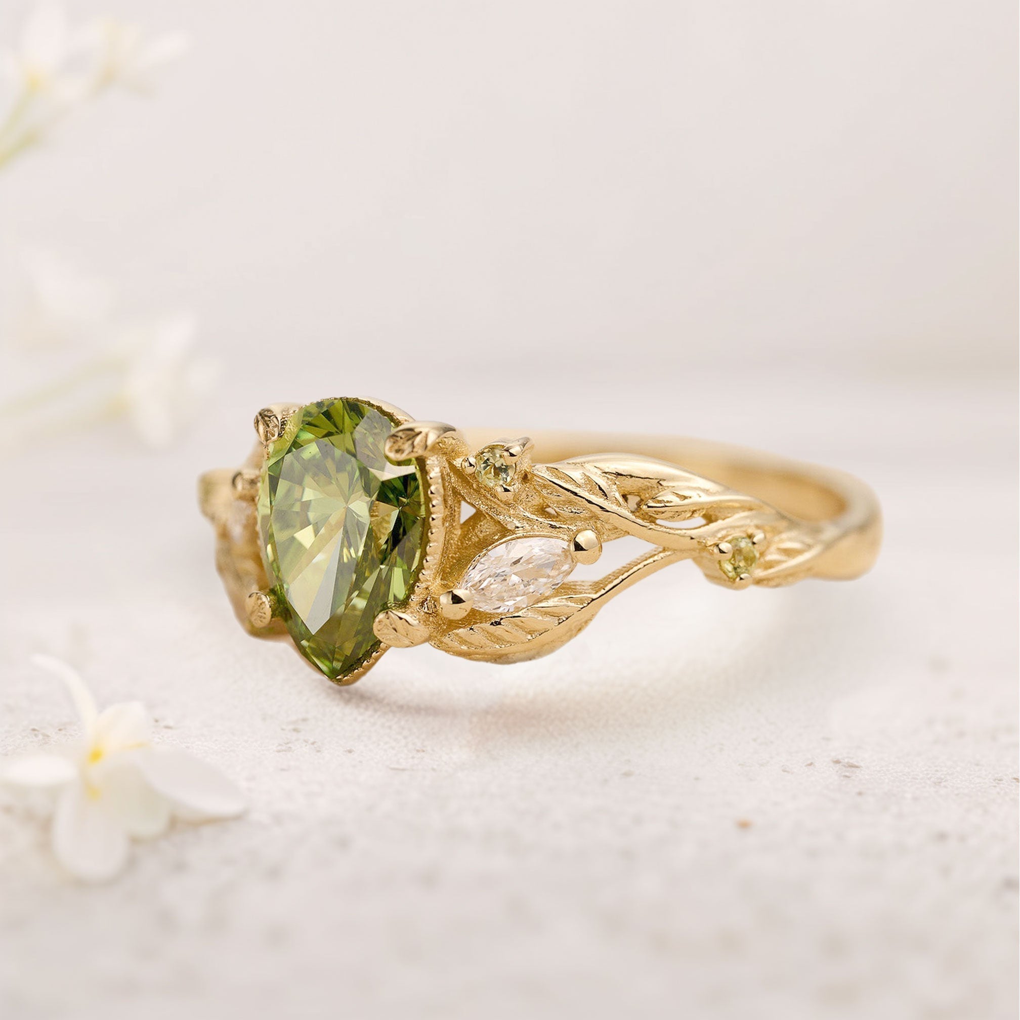 Unique floral engagement rings Green Moissanite 18K Yellow Gold Engagement Ring with Leaves Ring
