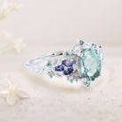 Unique Starlight Oval Green Lab Sapphire and Blue Sapphire 18K Rose Gold Engagement Ring