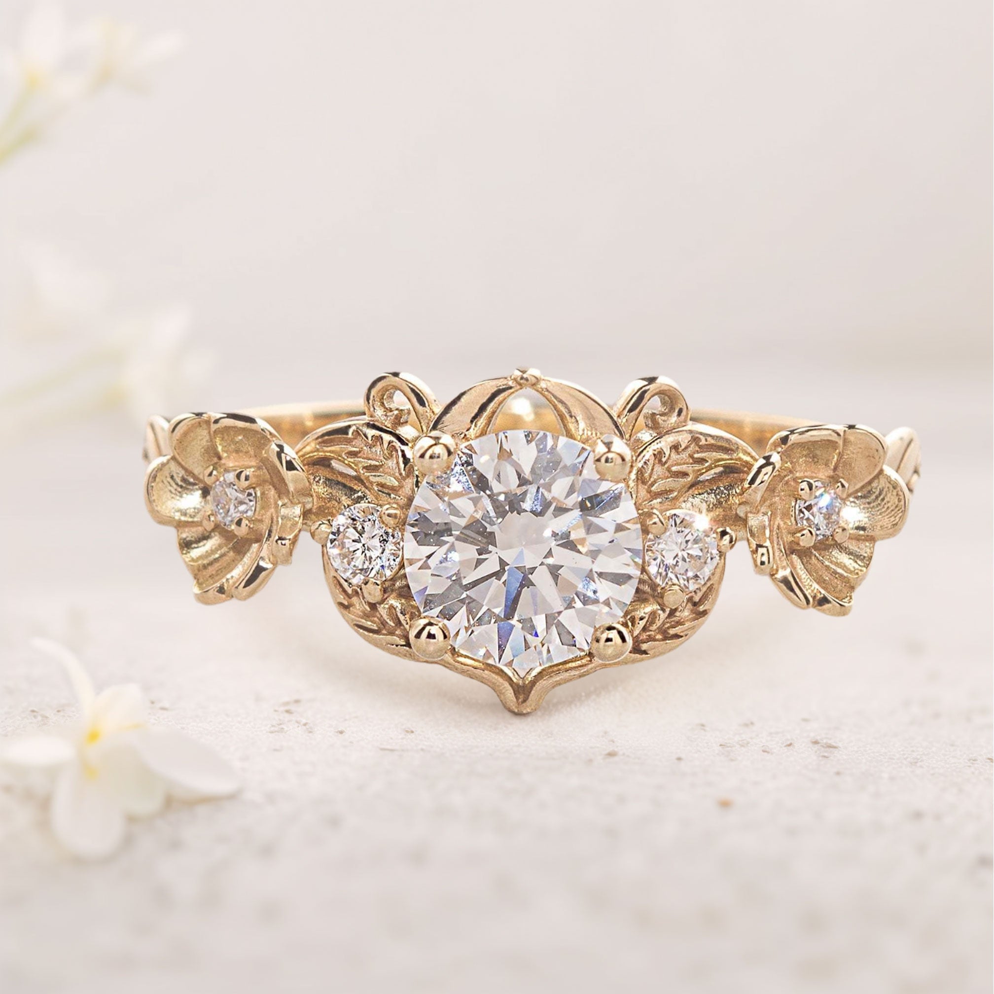 Unique flower Round Moissanite 18K Yellow Gold Engagement Ring
