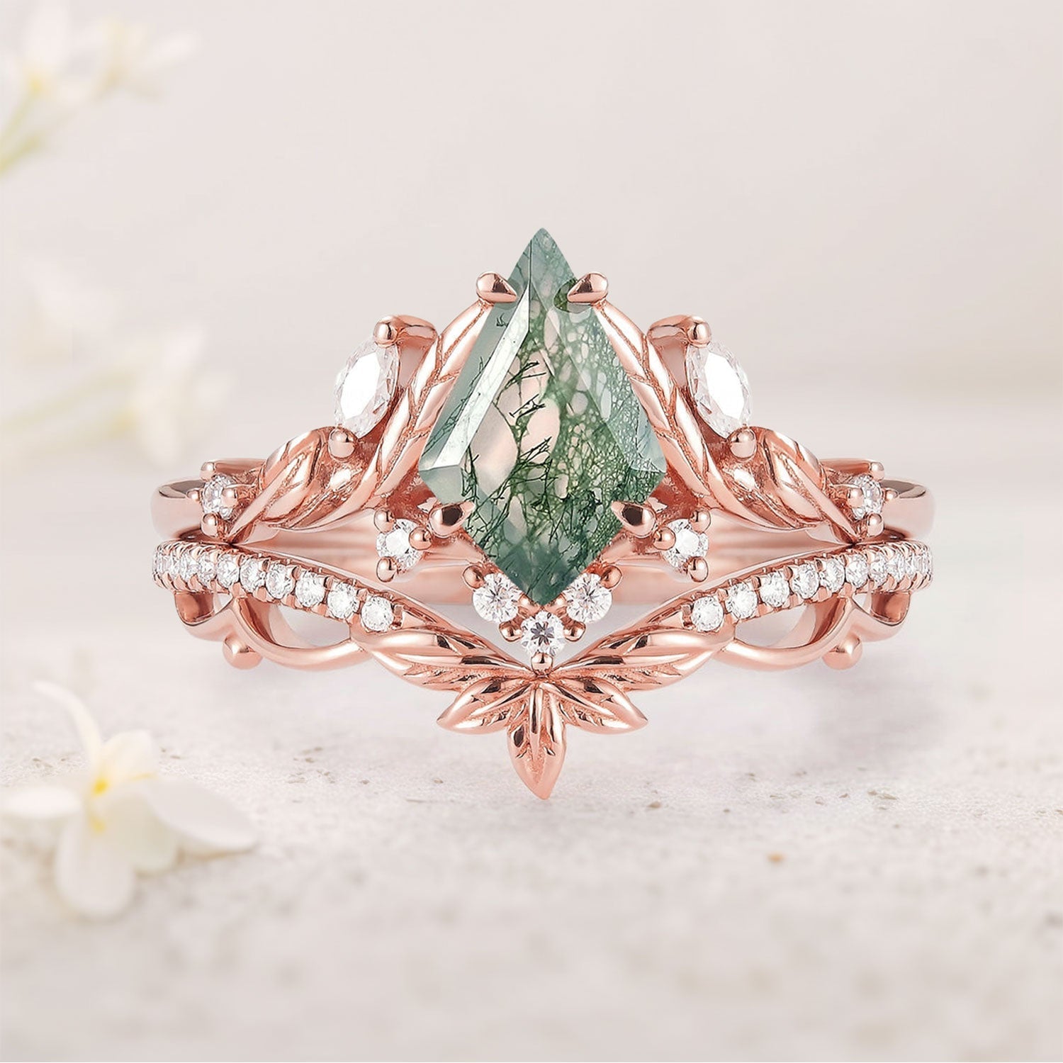 Unique floral engagement rings Kite Moss Agate Moissanite Leaf 18K Rose Gold Engagement Ring Set