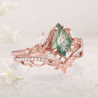 Unique floral engagement rings Kite Moss Agate Moissanite Leaf 18K Rose Gold Engagement Ring Set