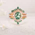 Unique floral engagement rings Oval Moss Agate and Opal 18K Yellow Gold Engagement Ring Set