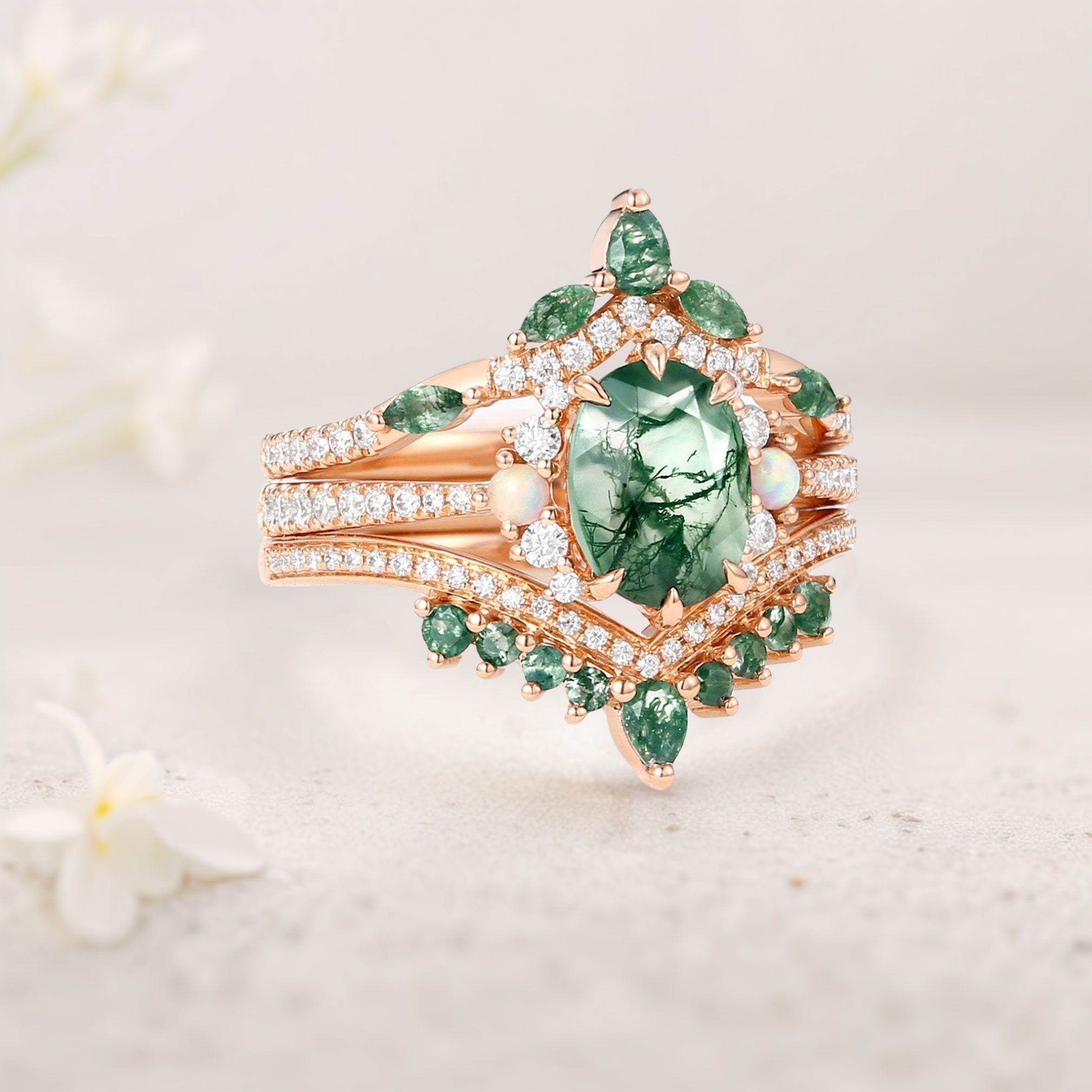 Unique floral engagement rings Oval Moss Agate and Opal 18K Yellow Gold Engagement Ring Set