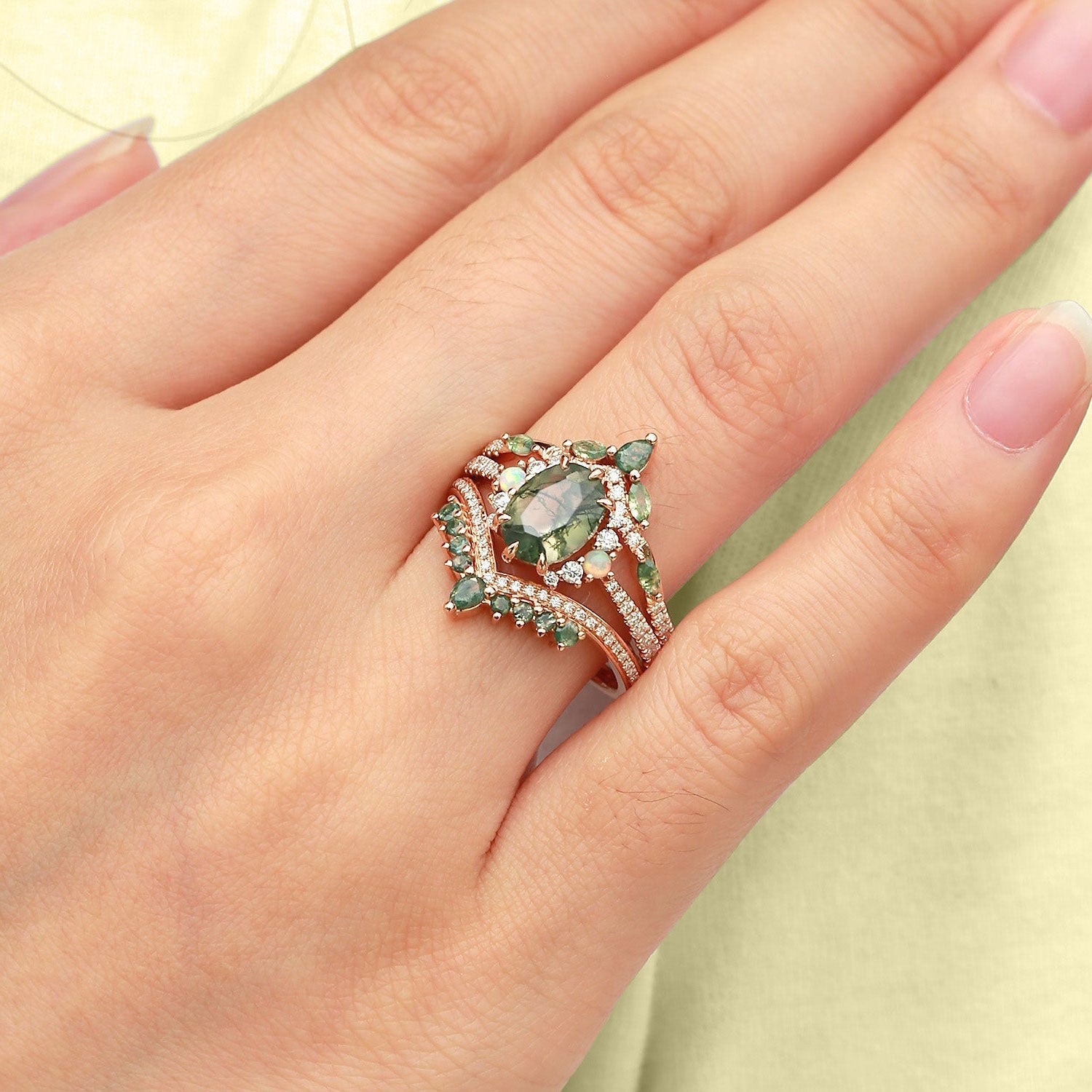 Unique floral engagement rings Oval Moss Agate and Opal 18K Yellow Gold Engagement Ring Set