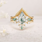Unique floral engagement rings Kite Moss Agate Leafy 18K Yellow Gold Engagement Bridal Set