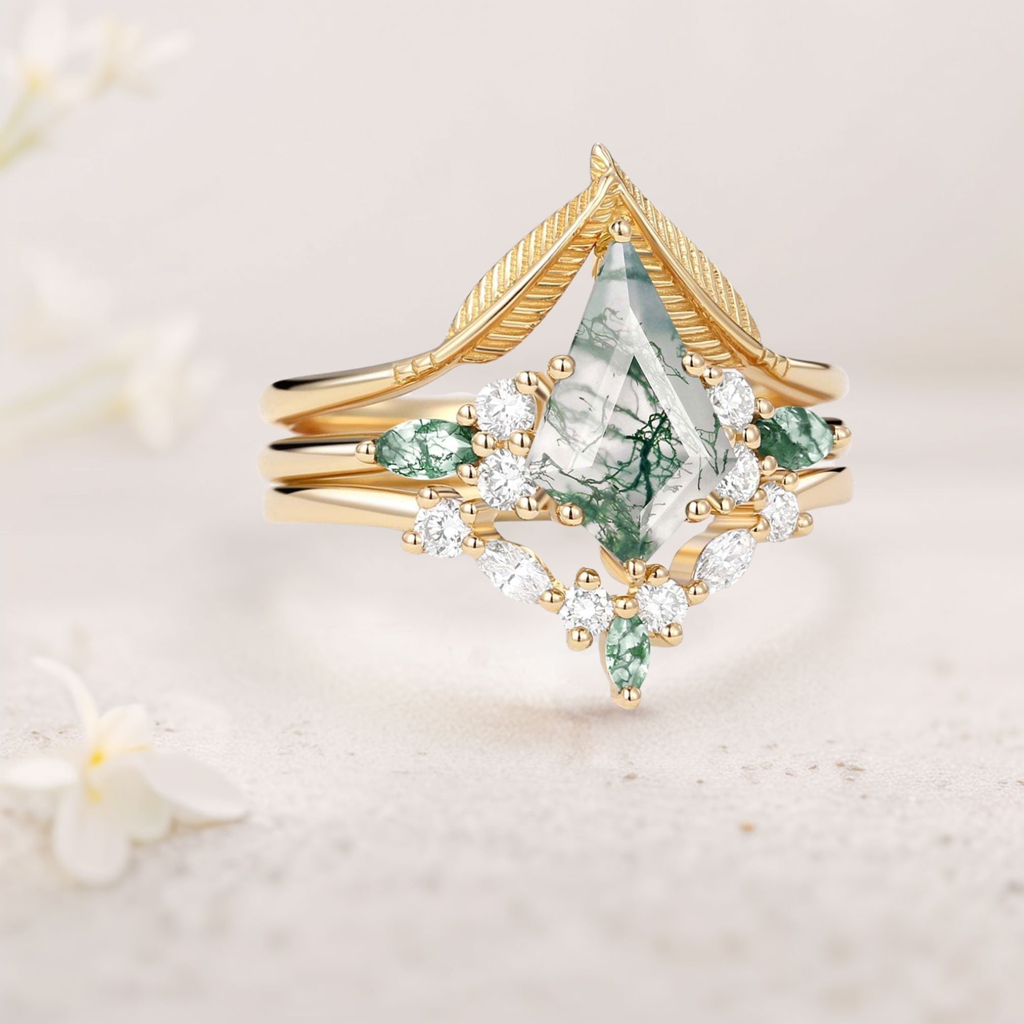 Unique floral engagement rings Kite Moss Agate Leafy 18K Yellow Gold Engagement Bridal Set
