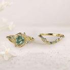 Unique Round Moss Agate With leaves 18K Yellow Gold Wedding Ring Set