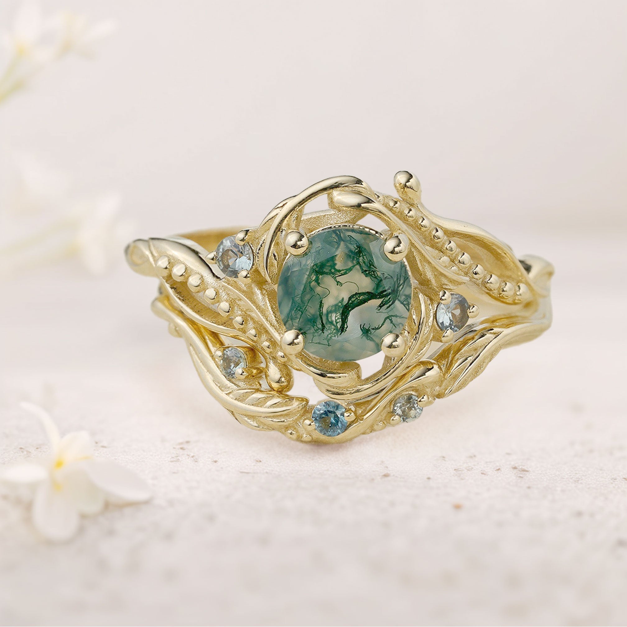 Unique Round Moss Agate With leaves 18K Yellow Gold Wedding Ring Set