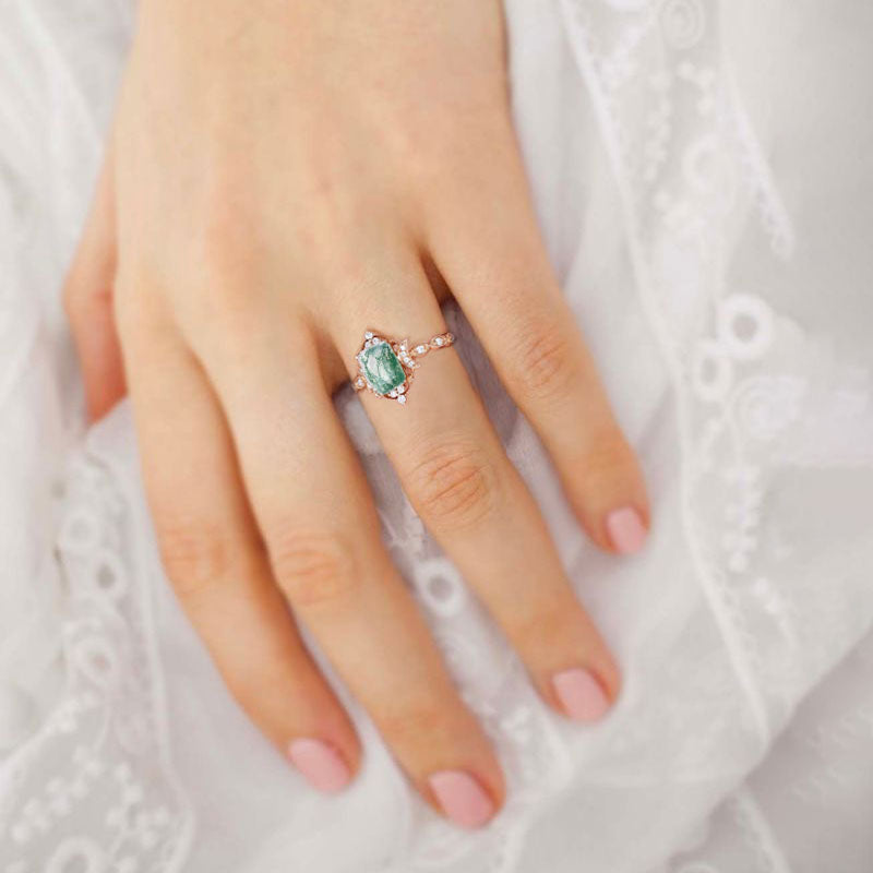 Vintage Emerald cut Moss Agate 18K Yellow Gold Engagement Ring Whimsical Charm Bridal Ring