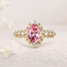 Unique Elegant Royal Oval Lab Padparadscha  Filigree Leaf 18K Yellow Gold Engagement Ring