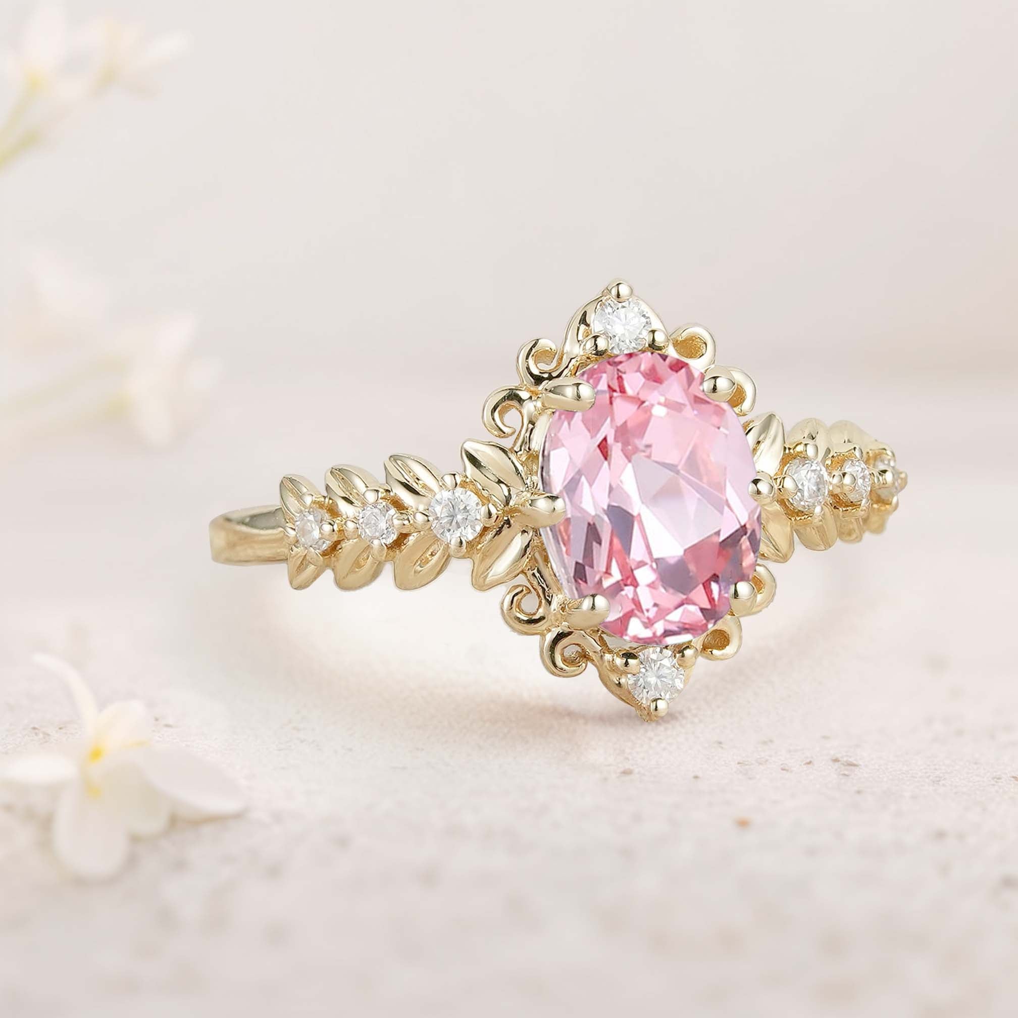 Unique Elegant Royal Oval Lab Padparadscha  Filigree Leaf 18K Yellow Gold Engagement Ring