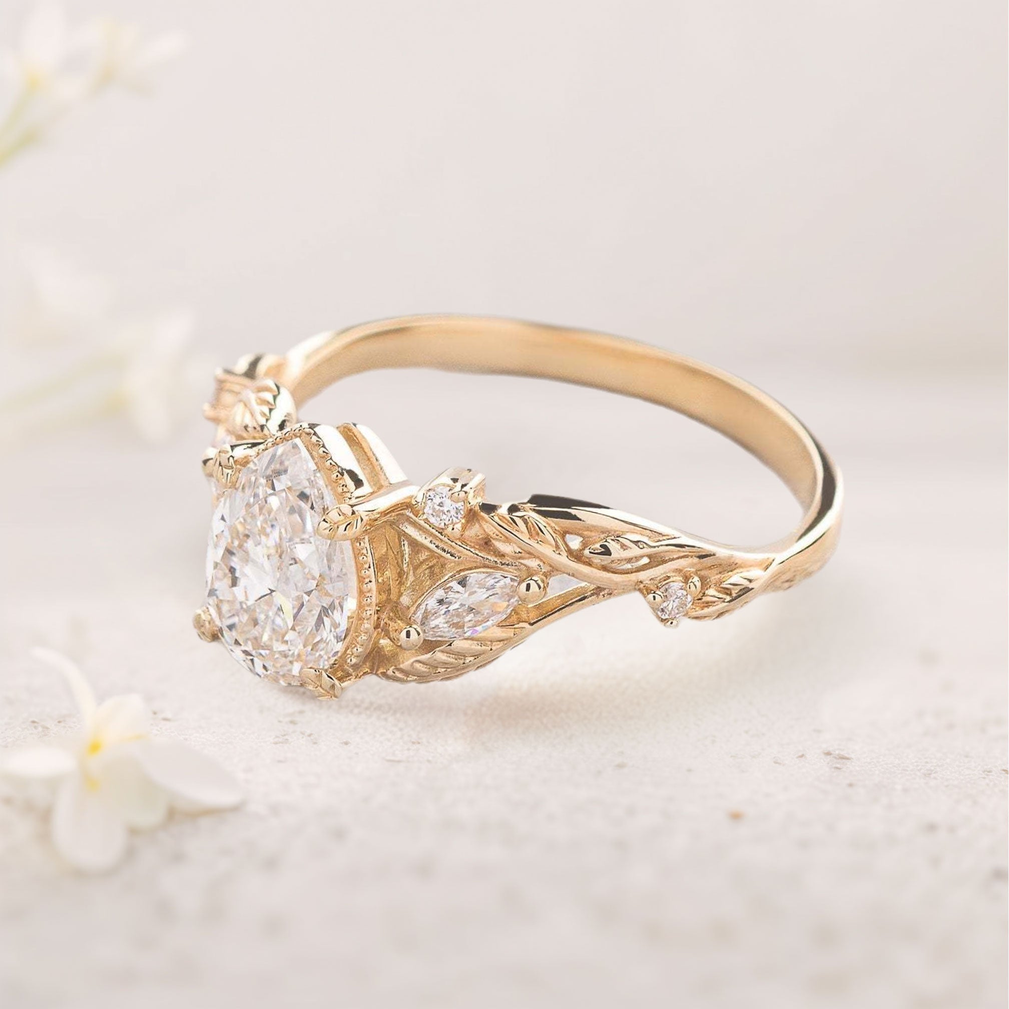Unique Pear Moissanite With leaves18K Yellow Gold Engagement Ring Wedding Ring