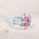 Unique Starlight Oval Pink Lab Padparadscha 18K White Gold Engagement Ring