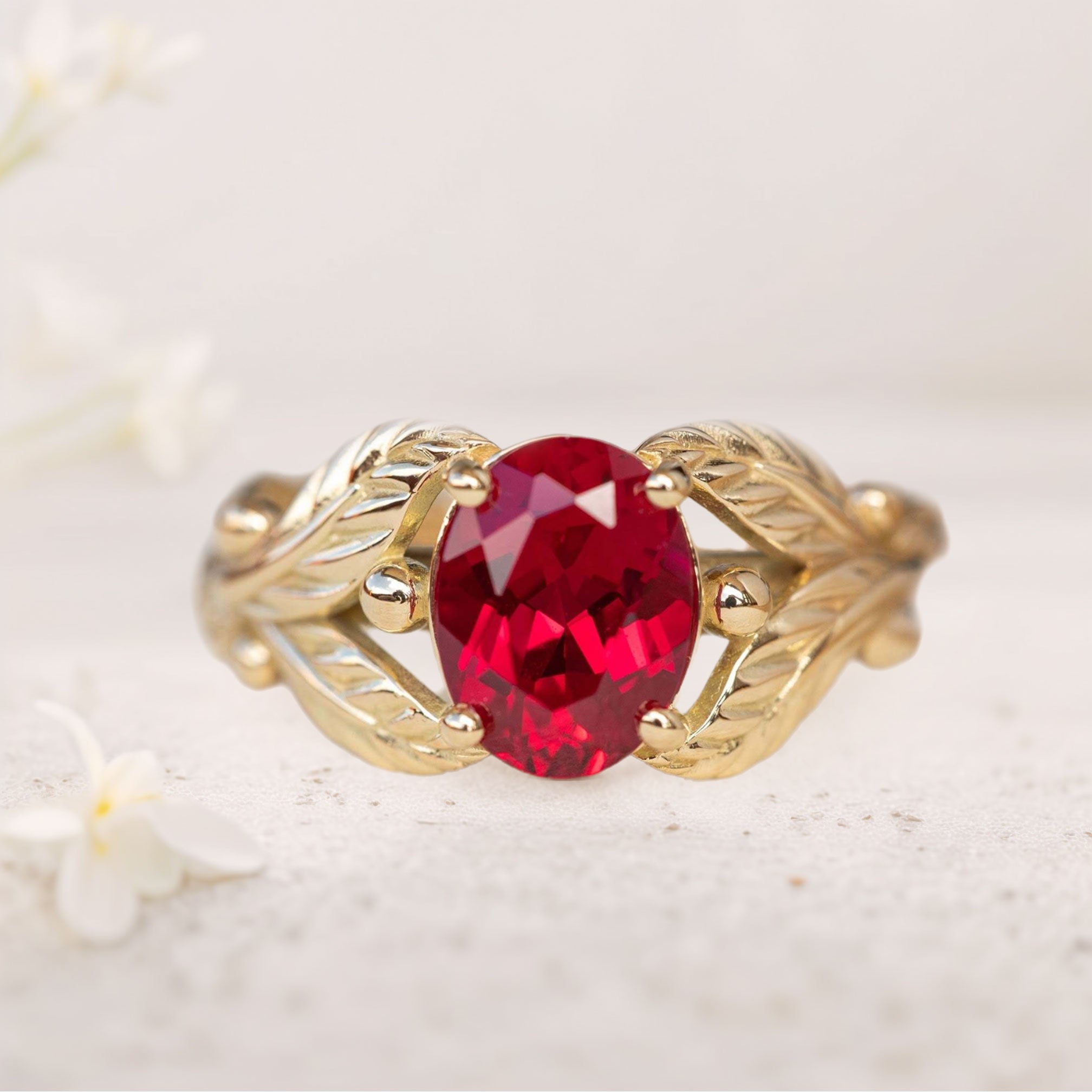 Unique floral engagement rings Oval Lab Ruby with Leaves 18K Yellow Gold Engagement Ring