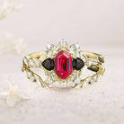 Unique floral engagement rings Long Hexagon Lab Ruby Leaf 18K Yellow Gold Engagement Ring Wedding Ring Set