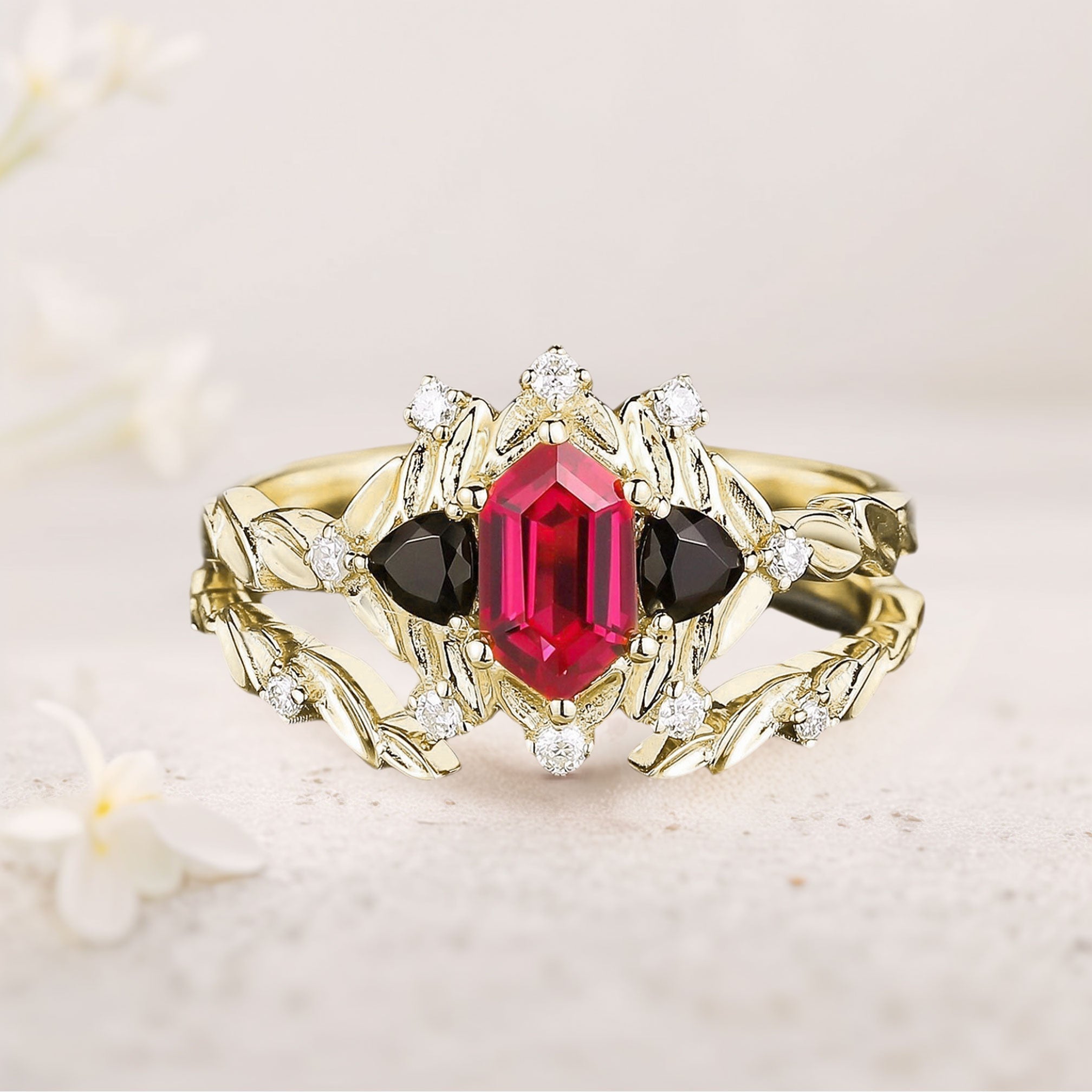 Unique floral engagement rings Long Hexagon Lab Ruby Leaf 18K Yellow Gold Engagement Ring Wedding Ring Set
