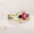 Unique floral engagement rings Long Hexagon Lab Ruby Leaf 18K Yellow Gold Engagement Ring Wedding Ring Set