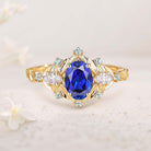 Unique Oval Lab Sapphire Fairy 18K Yellow Gold Engagement Ring Art Deco Blue Topaz Cluster Wedding Ring