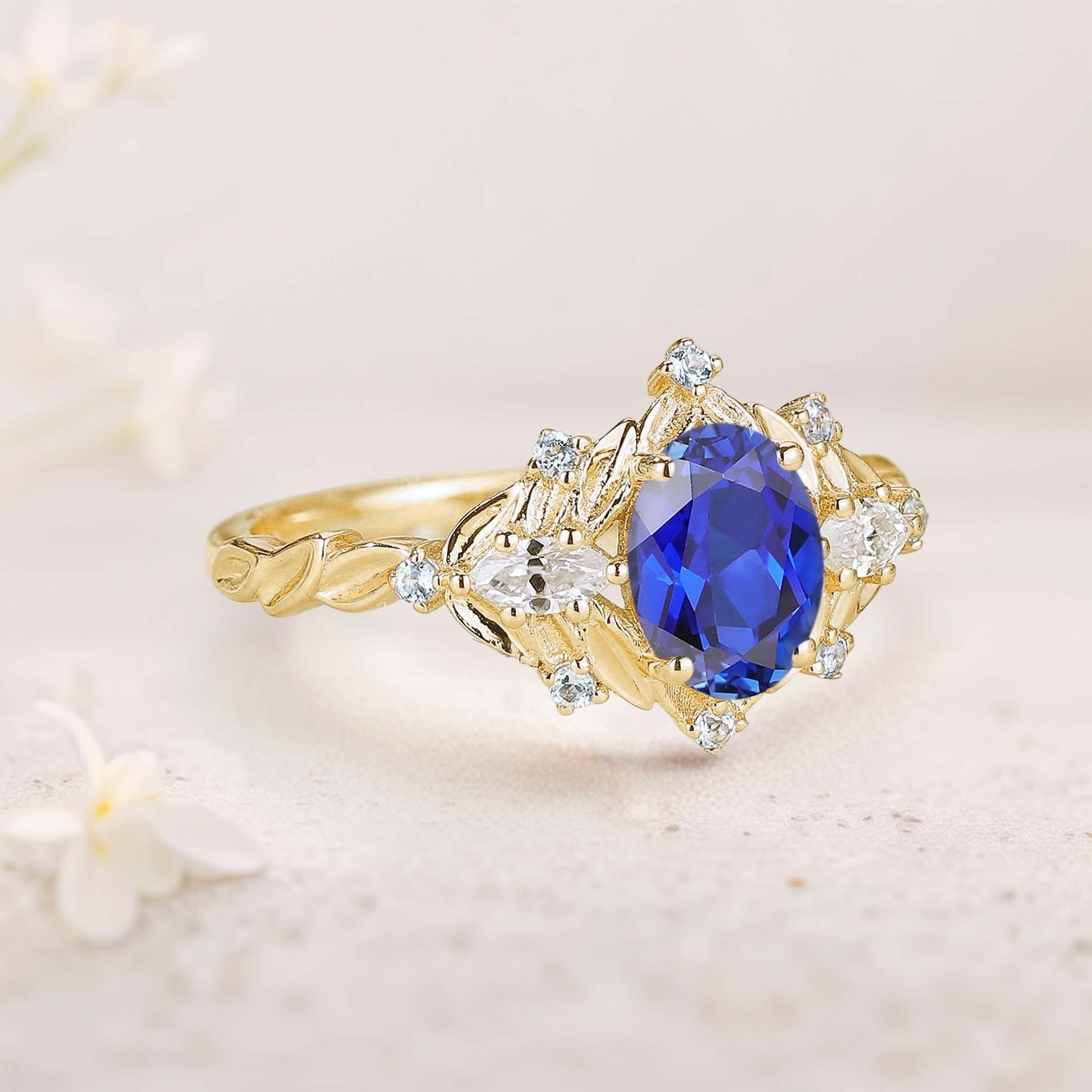 Unique Oval Lab Sapphire Fairy 18K Yellow Gold Engagement Ring Art Deco Blue Topaz Cluster Wedding Ring