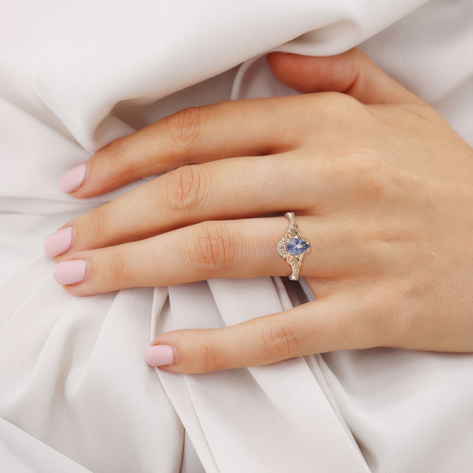 Vintage Blue Lab Sapphire and Moissanite 18K Yellow Gold Engagement Ring